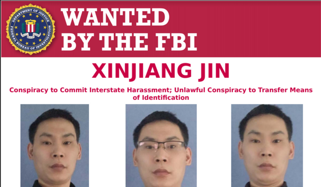 An FBI wanted poster for Chinese national Xinjiang Jin, who is accused of attempting to disrupt an online protest against the People&#x27;s Republic of China, is shown here. 