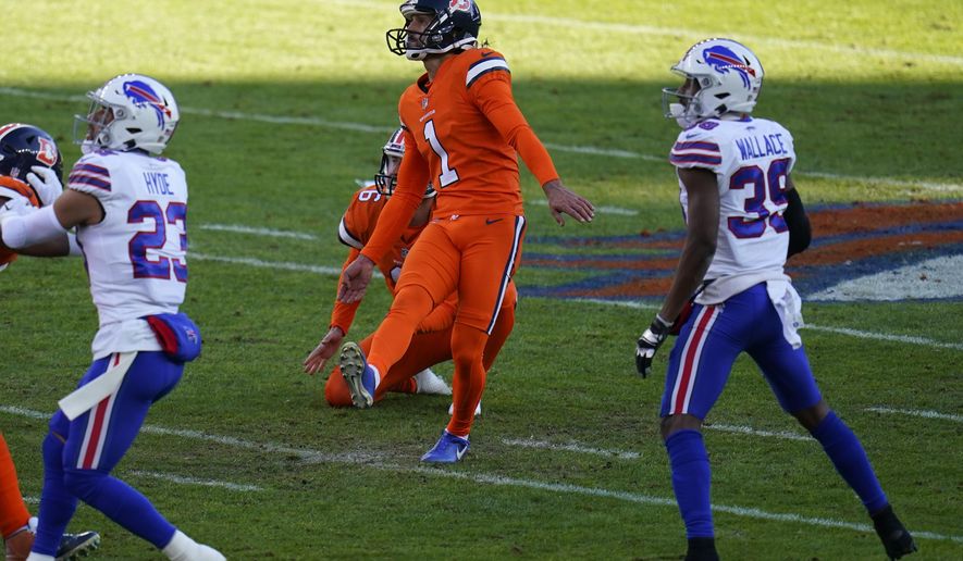 Denver Broncos kicker Taylor Russolino looks on as misses a field goal attempt during the first half of an NFL football game against the Buffalo Bills, Saturday, Dec. 19, 2020, in Denver. (AP Photo/Jack Dempsey)