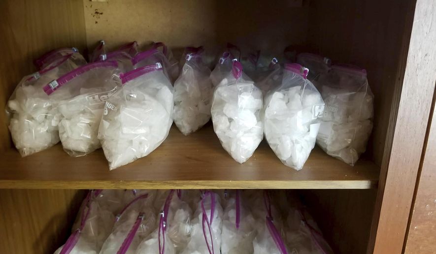 This Jan. 23, 2020, file photo released by the Tulare County Sheriff's Office shows evidence seized after a Jan. 5 traffic stop led officers to major methamphetamine and fentanyl trafficking operation, including labs inside three homes in Pixley, Calif., and drugs with a street value of $1.5 million, authorities said. (Tulare County Sheriff's Office via AP, File)