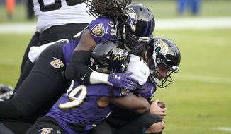 Jacksonville Jaguars quarterback Gardner Minshew II, right, is sacked for a safety by Baltimore Ravens linebacker Pernell McPhee (90) and linebacker Matthew Judon (99) during the first half of an NFL football game, Sunday, Dec. 20, 2020, in Baltimore. (AP Photo/Nick Wass)