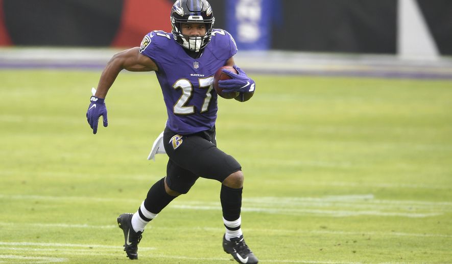 Baltimore Ravens running back J.K. Dobbins runs with the ball against the Jacksonville Jaguars during the first half of an NFL football game, Sunday, Dec. 20, 2020, in Baltimore. (AP Photo/Nick Wass)