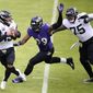 Baltimore Ravens linebacker Matthew Judon (99) gets by Jacksonville Jaguars offensive tackle Jawaan Taylor (75) as quarterback Gardner Minshew II (15) looks to throw a pass during the first half of an NFL football game, Sunday, Dec. 20, 2020, in Baltimore. (AP Photo/Nick Wass)