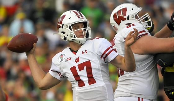 FILE - In this Jan. 1, 2020, file photo, Wisconsin quarterback Jack Coan passes against Oregon during first half of the Rose Bowl NCAA college football game in Pasadena, Calif. Coan has entered the transfer portal after an injury-riddled season in which he did not play. (AP Photo/Mark J. Terrill, File)