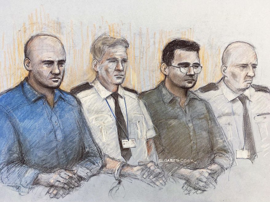 FILE - This file court artist sketch dated Oct. 6, 2020 by Elizabeth Cook shows Gheorghe Nica, left, and Eamonn Harrison, right, at the Old Bailey in London. Two members of an international people-smuggling gang were convicted of manslaughter on Monday Dec. 21, 2020, over the deaths of 39 people who were found in the back of a container truck in southeast England. A jury at London’s Central Criminal Court found Romanian mechanic Gheorghe Nica, 43, and Northern Irish truck driver Eamonn Harrison, 24, guilty of the deaths of the Vietnamese victims, who were found dead in the English town of Grays. (Elizabeth Cook/PA via AP, File)