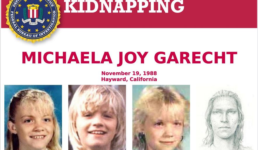 This 1988 poster provided by the FBI shows a wanted poster of photos of kidnapped Michaela Joy Garecht in 1988. On Monday, Dec. 21, 2020, Northern California authorities announced that they have filed charges against convicted killer David Misch in the kidnapping and murder of Garecht, a cold case that stunned the Bay Area for decades. Police said they were only recently able to match a partial palm print at the scene to Misch. Garecht's body has never been found. (FBI via AP)