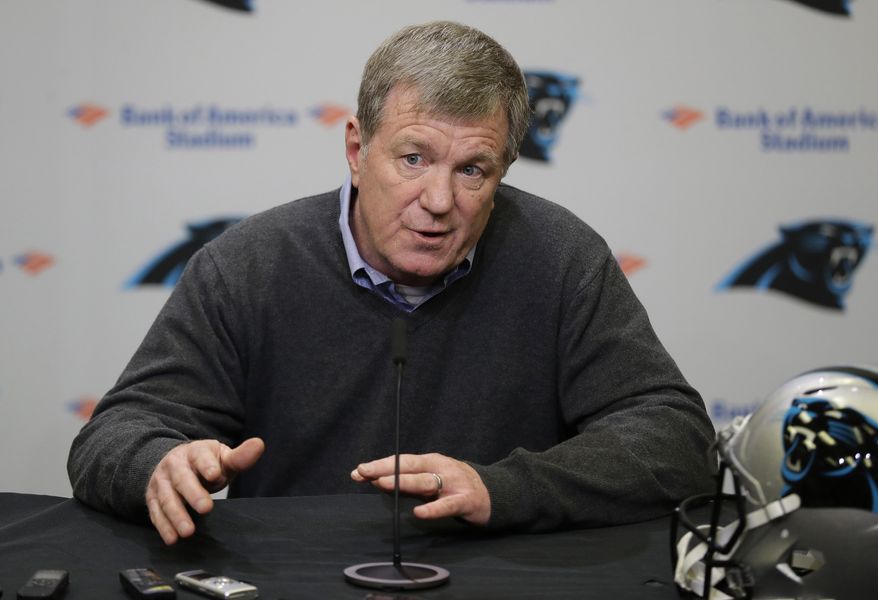 FILE - In this April 17, 2019, file photo, Carolina Panthers general manager Marty Hurney speaks to the media in Charlotte, N.C. The Panthers have fired Hurney after the team lost eight of its last nine games and failed to make the playoffs for a third straight season. Hurney’s contract was set to expire after the season. (AP Photo/Chuck Burton, File)