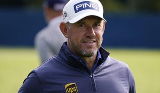 FILE - This Tuesday, Sept. 15, 2020 file photo, shows Lee Westwood of England before the U.S. Open Championship golf tournament, at the Winged Foot Golf Club in Mamaroneck, N.Y. Lee Westwood was voted as the European Tour’s golfer of the year for 2020 on Monday Dec. 21, 2020, winning the award for the fourth time in his career after ending the season as the Race to Dubai champion at the age of 47. (AP Photo/Charles Krupa, File)