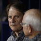 FILE - In this April 19, 2019, file photo, Tony La Russa, left, talks before a baseball game between the Tampa Bay Rays and the Boston Red Sox in St. Petersburg, Fla. La Russa, now the manager of the Chicago White Sox, is scheduled to change his plea to misdemeanor charges stemming from his drunken driving arrest nine months ago on a freeway in Phoenix. The Hall of Fame manager, who had previously pleaded not guilty to the two drunken driving charges, is scheduled to change his plea on Dec. 21 in Maricopa County Justice Court. (AP Photo/Chris O&#39;Meara, File)