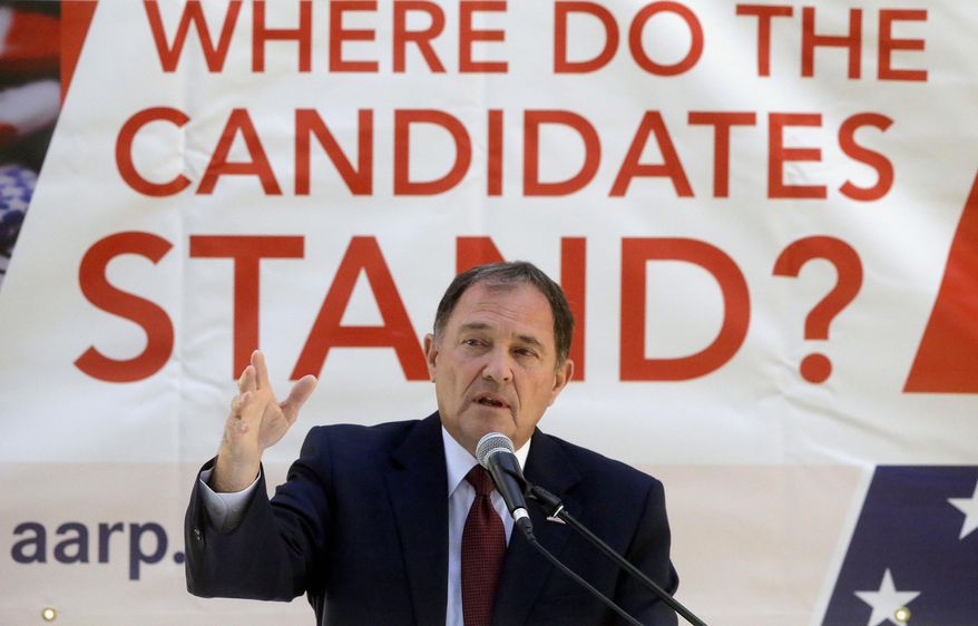 FILE - Republican Utah Gov. Gary Herbert speaks to members of AARP on Aug. 31, 2016, in Salt Lake City. Herbert is looking back on his 11-year tenure as his time as governor comes to an end.(AP Photo/Rick Bowmer, File)