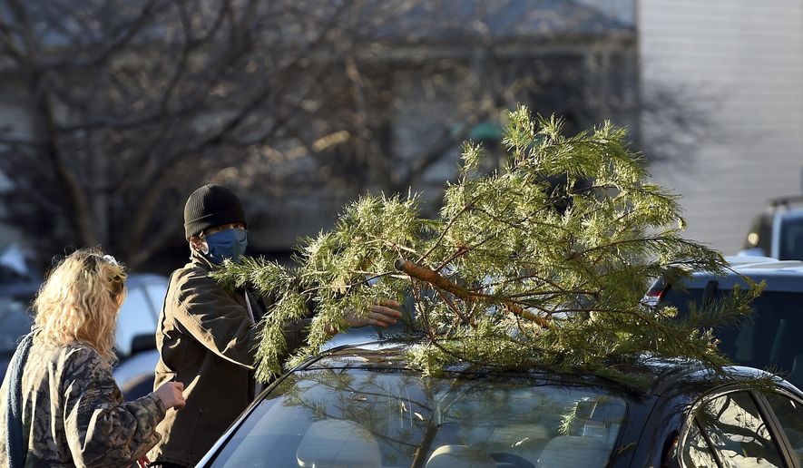 Parker Vivier and Marsden Olsen, both of Richmond, prepare to tie their tree to their car after purchasing from Frank Pichel's tree lot, Sunday, Dec. 6, 2020, in Richmond. (AP Photo/Will Newton)