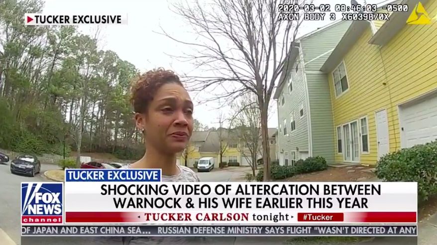 Oulèye Ndoye, the ex-wife of Democratic Senate candidate Raphael Warnock, told police officers following a March 2020 dispute in Atlanta that he is a "great actor" and that she's been trying to hide his behavior from the public for "a long time," according to newly aired bodycam footage. (Screenshot via Fox News)