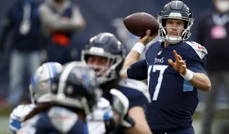 Tennessee Titans quarterback Ryan Tannehill passes against the Detroit Lions during the first half of an NFL football game Sunday, Dec. 20, 2020, in Nashville, N.C. (AP Photo/Wade Payne)