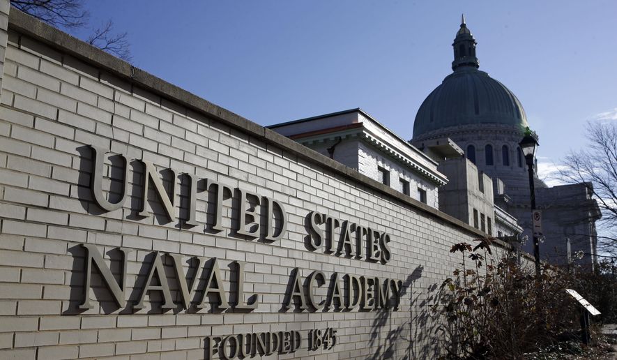 This Jan. 9, 2014 photo shows a sign outside of an entrance to the U.S. Naval Academy campus in Annapolis, Md. (AP Photo/Patrick Semansky) **FILE**