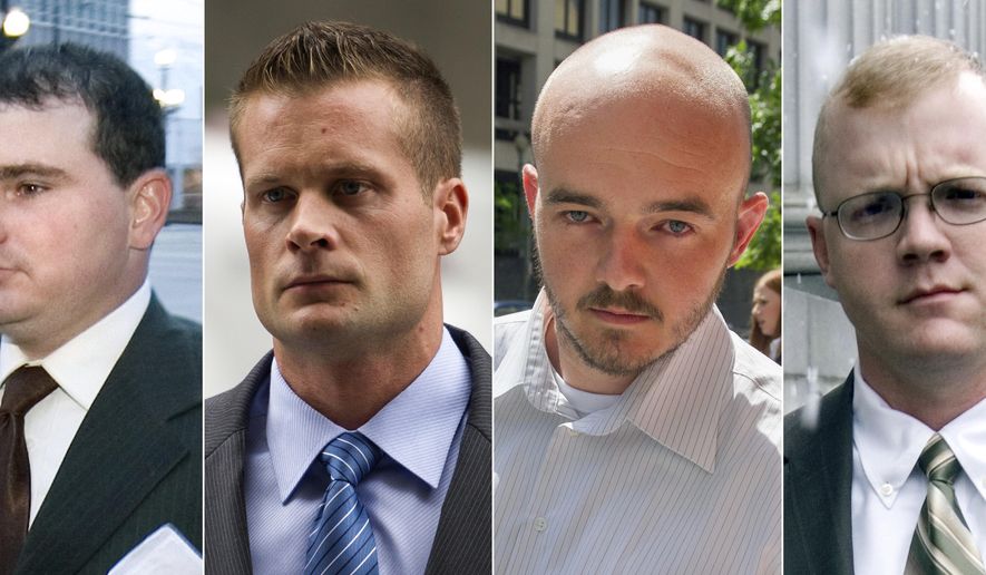 FILE - This combination made from file photo shows Blackwater guards, from left, Dustin Heard, Evan Liberty, Nicholas Slatten and Paul Slough. On Tuesday, Dec. 22, 2020, President Donald Trump pardoned 15 people, including Heard, Liberty, Slatten and Slough, the four former government contractors convicted in a 2007 massacre in Baghdad that left more a dozen Iraqi civilians dead and caused an international uproar over the use of private security guards in a war zone. (AP Photo/File)