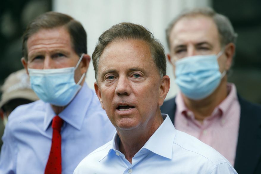 In this Aug. 7, 2020, file photo, Connecticut Gov. Ned Lamont addresses the media in Westport, Conn.  (AP Photo/John Minchillo, File)  **FILE**