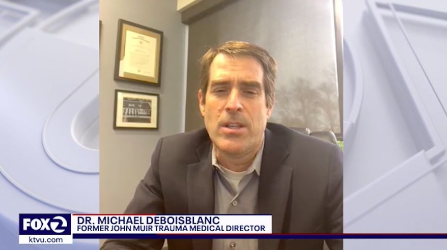 Dr. Michael deBoisblanc, the former medical director of trauma and regional transfer services at John Muir Health in Walnut Creek, California, was removed from his position after co-writing a letter that pointed out the negative health impacts of coronavirus-related lockdown measures. (Sceenshot via KTVU)