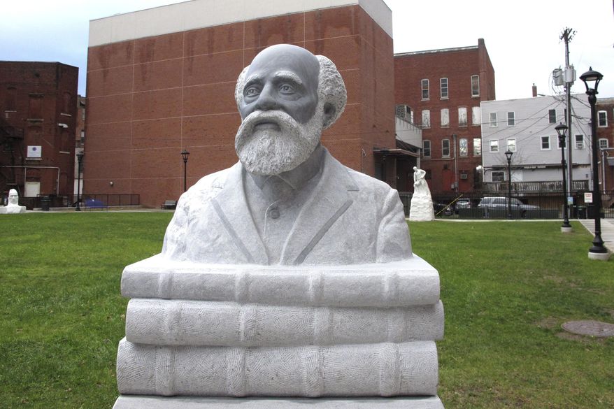 A sculpture of Henry Martin Freeman, the first Black American College president, is on display in his home city of Rutland, Vt., on Monday, Nov. 23, 2020. Freeman graduated from Middlebury College in 1849, and became president of Allegheny Institute in 1856, which later became Avery College, in Pittsburgh, Pa. (AP Photo/Lisa Rathke)