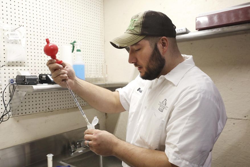 Erik Maselkevich tests products daily at the Milkhouse Creamery in Drums, Pa., Nov. 17, 2020. The company has been managing to expand and adapt during the pandemic. They purchase milk from the Bloss Farm in Wapwallopen and bottle it in their facility in Drums. (Warren Ruda/Standard-Speaker via AP)