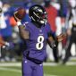 Baltimore Ravens quarterback Lamar Jackson looks to throw a pass against the New York Giants during the first half of an NFL football game, Sunday, Dec. 27, 2020, in Baltimore. (AP Photo/Nick Wass)