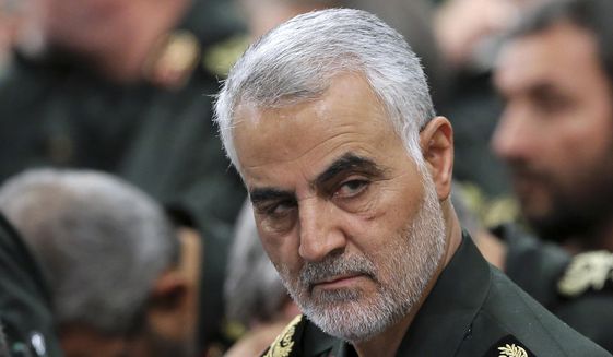 In this Sept. 18, 2016, file photo released by an official website of the office of the Iranian supreme leader, Revolutionary Guard Gen. Qassem Soleimani, center, attends a meeting with Supreme Leader Ayatollah Ali Khamenei and Revolutionary Guard commanders in Tehran, Iran. Iran&#39;s supreme leader has had an animated video on his website this week Thursday that appears to dramatize an assassination of former President Trump, according to the Associated Press. (Office of the Iranian Supreme Leader via AP, File) Photo edited for Best of 2020 list.