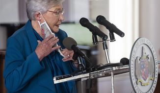 FILE - In this Nov. 5, 2020 file photo, Gov. Kay Ivey speaks during a news conference update on COVID-19 restrictions at the Alabama State Capitol in Montgomery, Ala. (Jake Crandall/The Montgomery Advertiser via AP, File)
