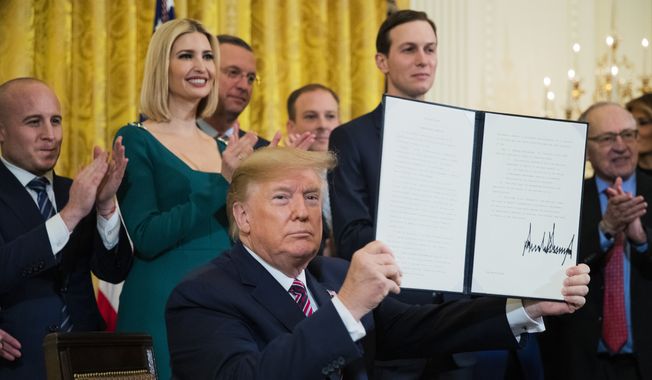 President Donald Trump shows the executive order he signed targeting what his administration says is growing anti-Semitism on U.S. college campuses during a Hanukkah reception in the East Room of the White House in Washington on Wednesday, Dec. 11, 2019. (AP Photo/Manuel Balce Ceneta) **FILE**