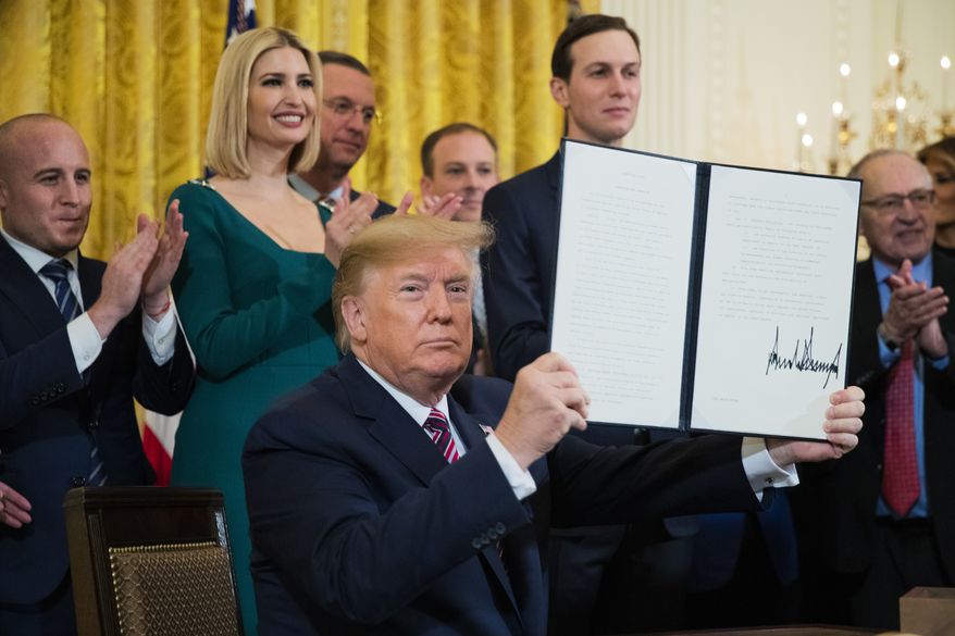 President Donald Trump shows the executive order he signed targeting what his administration says is growing anti-Semitism on U.S. college campuses during a Hanukkah reception in the East Room of the White House in Washington on Wednesday, Dec. 11, 2019. (AP Photo/Manuel Balce Ceneta) **FILE**