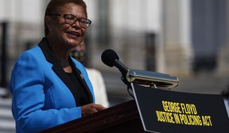 In this June 25, 2020, file photo Rep. Karen Bass, D-Calif., speaks during a news conference on the House East Front Steps on Capitol Hill in Washington. (AP Photo/Carolyn Kaster, File)