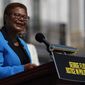 In this June 25, 2020, file photo Rep. Karen Bass, D-Calif., speaks during a news conference on the House East Front Steps on Capitol Hill in Washington. (AP Photo/Carolyn Kaster, File)