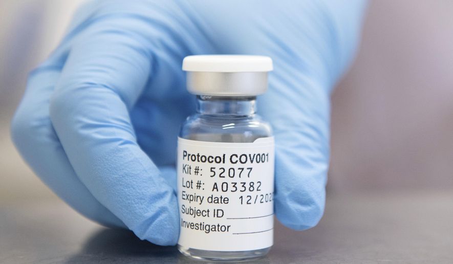 This undated file photo issued by the University of Oxford shows of a vial of coronavirus vaccine developed by AstraZeneca and Oxford University, in Oxford, England. Britain has authorized the use of a second COVID-19 vaccine, becoming the first country to greenlight an easy-to-handle shot that its developers hope will become the “vaccine for the world.” The United Kingdom government says the Medicines and Healthcare Products Regulatory Agency has made an emergency authorization for the vaccine developed by Oxford University and U.K.-based drugmaker AstraZeneca. (John Cairns/University of Oxford via AP, File)
