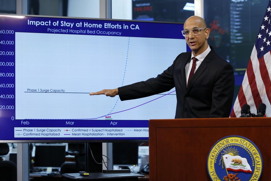 FILE - In this April 1, 2020, file photo Dr. Mark Ghaly, secretary of the California Health and Human Services, gestures to a chart showing the impact of the mandatory stay-at-home orders during a news conference at the Governor's Office of Emergency Services in Rancho Cordova, Calif. California's top health official said hospitals in hard-hit Los Angeles County are turning to "crisis care" and bracing for the coronavirus surge to worsen in the new year, as he extended strict stay-home orders Tuesday, Dec. 29, 2020, in areas where intensive care units have few beds. (AP Photo/Rich Pedroncelli, Pool, File)