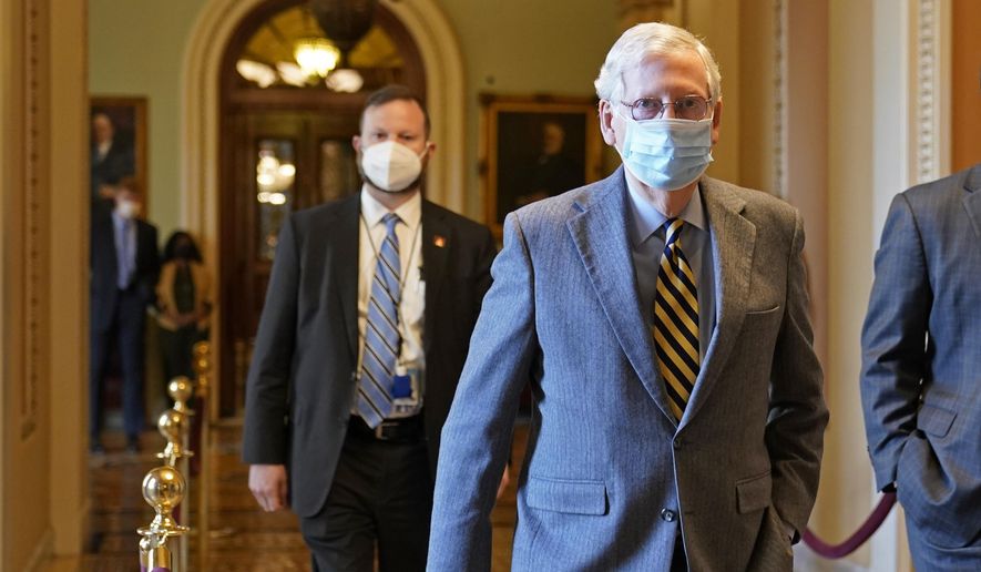 Senate Majority Leader Mitch McConnell of Ky., walks back to his office on Capitol Hill in Washington, Wednesday, Dec. 30, 2020. (AP Photo/Susan Walsh)