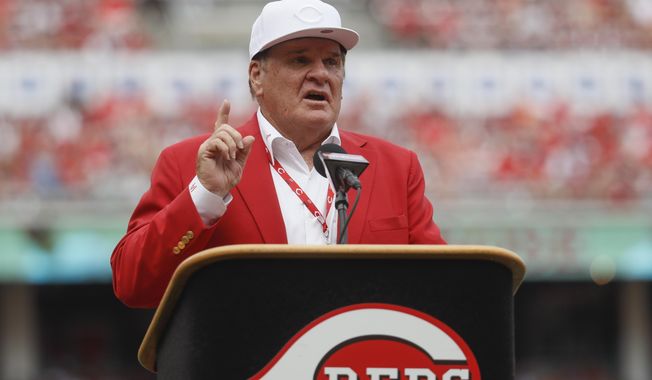 FILE - In this June 17, 2017, file photo, former Cincinnati Reds player Pete Rose speaks during his statue dedication ceremonies before a baseball game between the Reds and the Los Angeles Dodgers in Cincinnati. (AP Photo/John Minchillo, File)