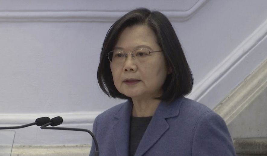 In this image from video, Taiwanese President Tsai Ing-wen delivers a speech at the Office of the President in Taipei, Taiwan, Friday, Jan. 1, 2021. Tsai hailed the island&#39;s progress in containing the coronavirus pandemic and growing the economy while facing military threats from China. (AP Photo/Wu Taijing) ** FILE **