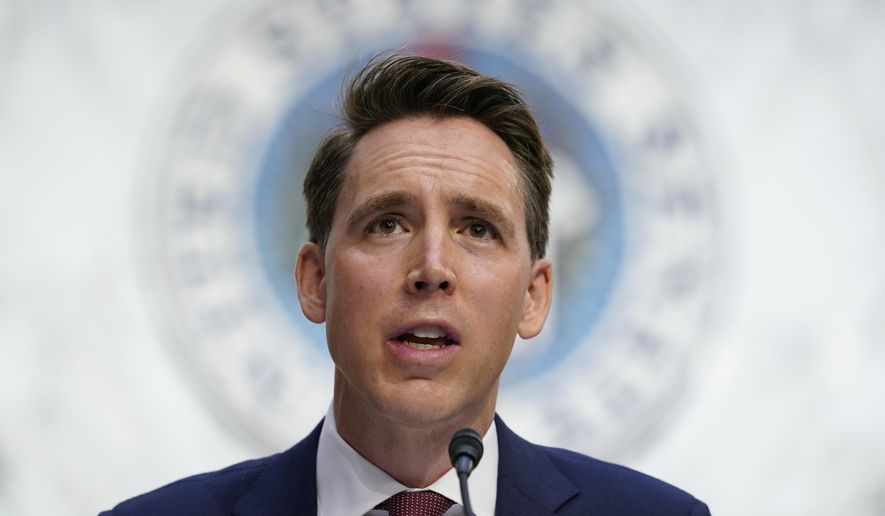 Sen. Josh Hawley speaks during a confirmation hearing for Supreme Court nominee Amy Coney Barrett before the Senate Judiciary Committee on Capitol Hill in Washington.(AP Photo/Susan Walsh, Pool, File)