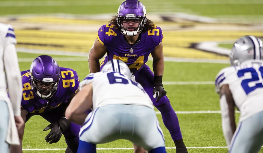 FILE - In this Sunday, Nov. 22, 2020 file photo, Minnesota Vikings middle linebacker Eric Kendricks (54) readies for the play in the second quarter during an NFL football game against the Dallas Cowboys in Minneapolis. Eric Kendricks and the Minnesota Vikings have had a rough year between the lines, but the 2019 All-Pro linebacker, whose 2020 season has been shortened by a calf injury, has made quite an impact off the field. He’s the team’s nominee for the Walter Payton Man of the Year award, for his community work focused on criminal justice reform. (AP Photo/David Berding, File)