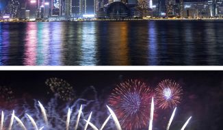 A combo image showing a general view of the Victoria Harbor at the New Year&#39;s Eve of year 2021 in Hong Kong, the top photo taken on Thursday, Dec. 31, 2020, and the bottom one on Tuesday, Jan. 1, 2019, fireworks explode over the Victoria Harbor during New Year&#39;s Eve to celebrate the start of year 2019 in Hong Kong. As the world says goodbye to 2020, there will be countdowns and live performances, but no massed jubilant crowds in traditional gathering spots like the Champs Elysees in Paris and New York City&#39;s Times Square this New Year&#39;s Eve. The virus that ruined 2020 has led to cancelations of most fireworks displays and public events in favor of made-for-TV-only moments in party spots like London and Rio de Janeiro. (AP Photo/Kin Cheung)