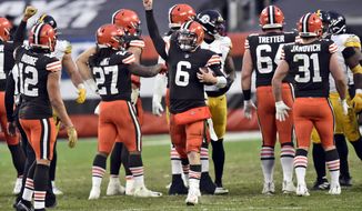 Cleveland Browns quarterback Baker Mayfield celebrates after the team defeated the Pittsburgh Steelers in an NFL football game, Sunday, Jan. 3, 2021, in Cleveland. (AP Photo/David Richard)