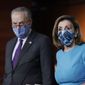 In this Thursday, Nov. 12, 2020, file photo, Speaker of the House Nancy Pelosi, D-Calif., and then-Senate Minority Leader Chuck Schumer, D-N.Y., meet with reporters on Capitol Hill in Washington. (AP Photo/J. Scott Applewhite, File) ** FILE **