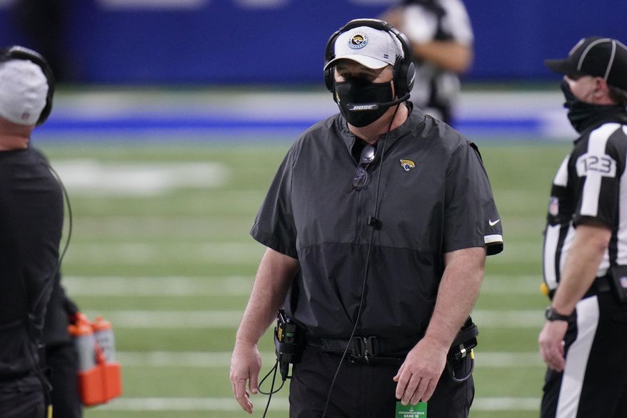 Jacksonville Jaguars head coach Doug Marrone watches during the first half of an NFL football game against the Indianapolis Colts, Sunday, Jan. 3, 2021, in Indianapolis. (AP Photo/AJ Mast)