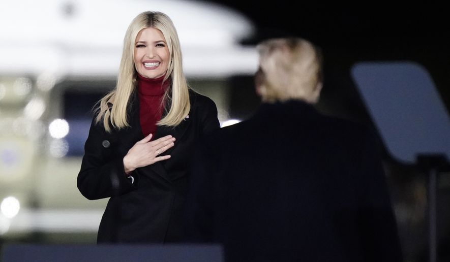 In this file photo, Ivanka Trump comes onto stage as President Donald Trump speaks at a campaign rally in support of Senate candidates Sen. Kelly Loeffler, R-Ga., and David Perdue in Dalton, Ga., Monday, Jan. 4, 2021. (AP Photo/Brynn Anderson)  **FILE**