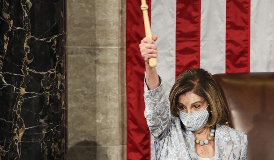 House Speaker Nancy Pelosi waves the gavel during opening day of the 117th Congress at the U.S. Capitol in Washington, Sunday, Jan. 3, 2021. (Tasos Katopodis/Pool via AP)  **FILE**