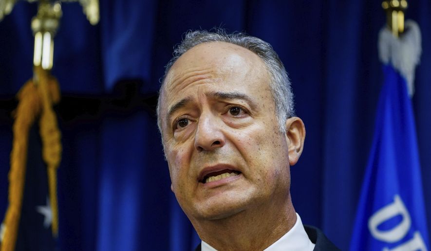 FILE - In this June 23, 2020, file photos U.S. Attorney Nick Hanna speaks during a news conference at the Federal Building in Los Angeles. The top federal prosecutor for the Central District of California announced Monday, Jan. 4, 2020, that he is resigning after three years in the position. Hanna, who was appointed by President Donald Trump in Feb. 2018, said his last day as U.S. Attorney for the Los Angeles-based district will be Jan. 8. (Kent Nishimura/Los Angeles Times via AP, Pool, File)