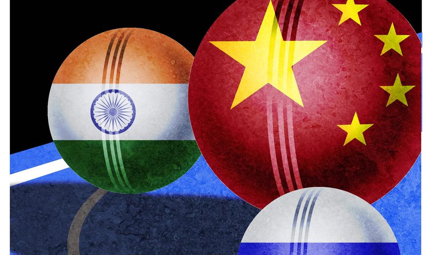 Illustration on tensions between India and Russia over China by l Hunter/The Washington Times