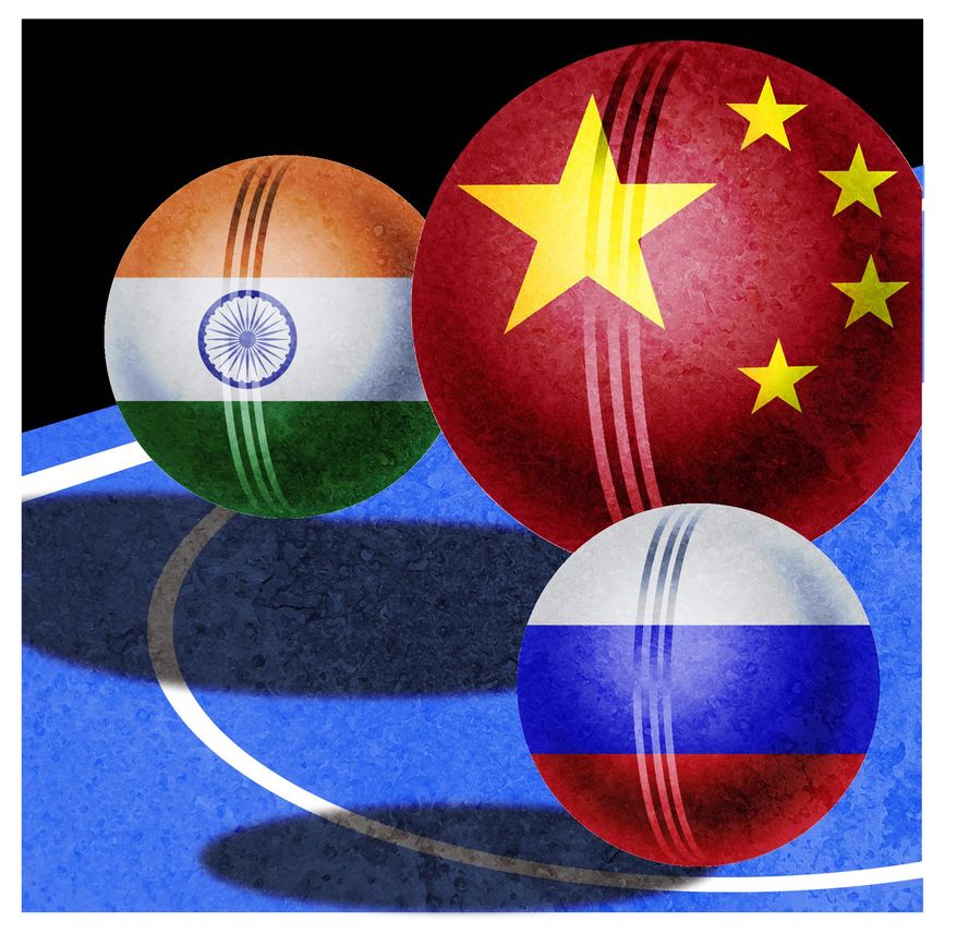 Illustration on tensions between India and Russia over China by l Hunter/The Washington Times