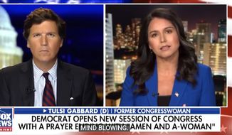 Hawaii Rep. Tulsi Gabbard talks about the Democratic Party&#39;s embrace of gender politics. The Democrat told Fox News&#39; Tucker Carlson that new House rules regarding rhetoric are the &quot;height of hypocrisy,&quot; Jan. 4, 2021. (Image: Fox News video screenshot) 