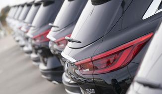 A long row of unsold 2021 QX50 sports-utility vehicles sits at an Infiniti dealership Sunday, Dec. 27, 2020, in Highlands Ranch, Colo.  U.S. auto sales are expected to be down only about 15% for the year, with the average price hitting a record high as sales bounced back during the second half of the year.  AP Photo/David Zalubowski)