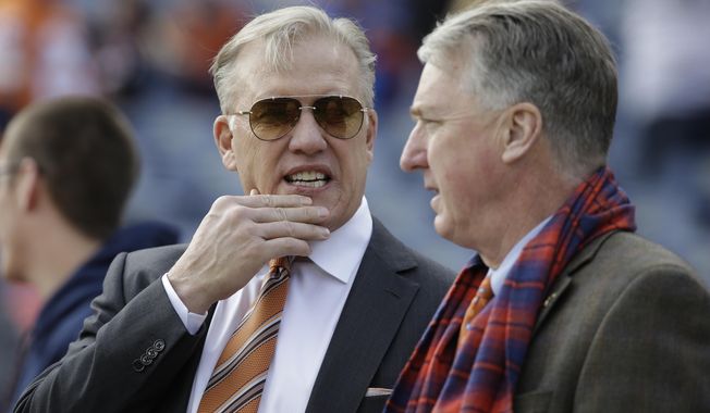 FILE - In this Sunday, Jan. 1, 2017 file photo, Denver Broncos general manager John Elway, left, stands with Broncos President and CEO Joe Ellis, right, before an NFL football game against the Oakland Raiders in Denver. The Denver Broncos&#x27; new general manager will join an organization embroiled in a family ownership feud and will work in the shadow of John Elway, whom team president Joe Ellis described as &amp;quot;the most important and impactful person&amp;quot; in franchise history.(AP Photo/Jack Dempsey, File)