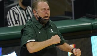 Michigan State head coach Tom Izzo yells from the sideline during the first half of an NCAA college basketball game against Rutgers, Tuesday, Jan. 5, 2021, in East Lansing, Mich. (AP Photo/Carlos Osorio)