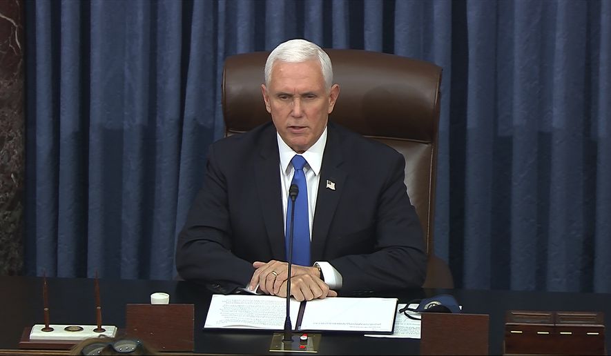 In this image from video, Vice President Mike Pence speaks as the Senate reconvenes after protesters stormed into the U.S. Capitol on Wednesday, Jan. 6, 2021. (Senate Television via AP)